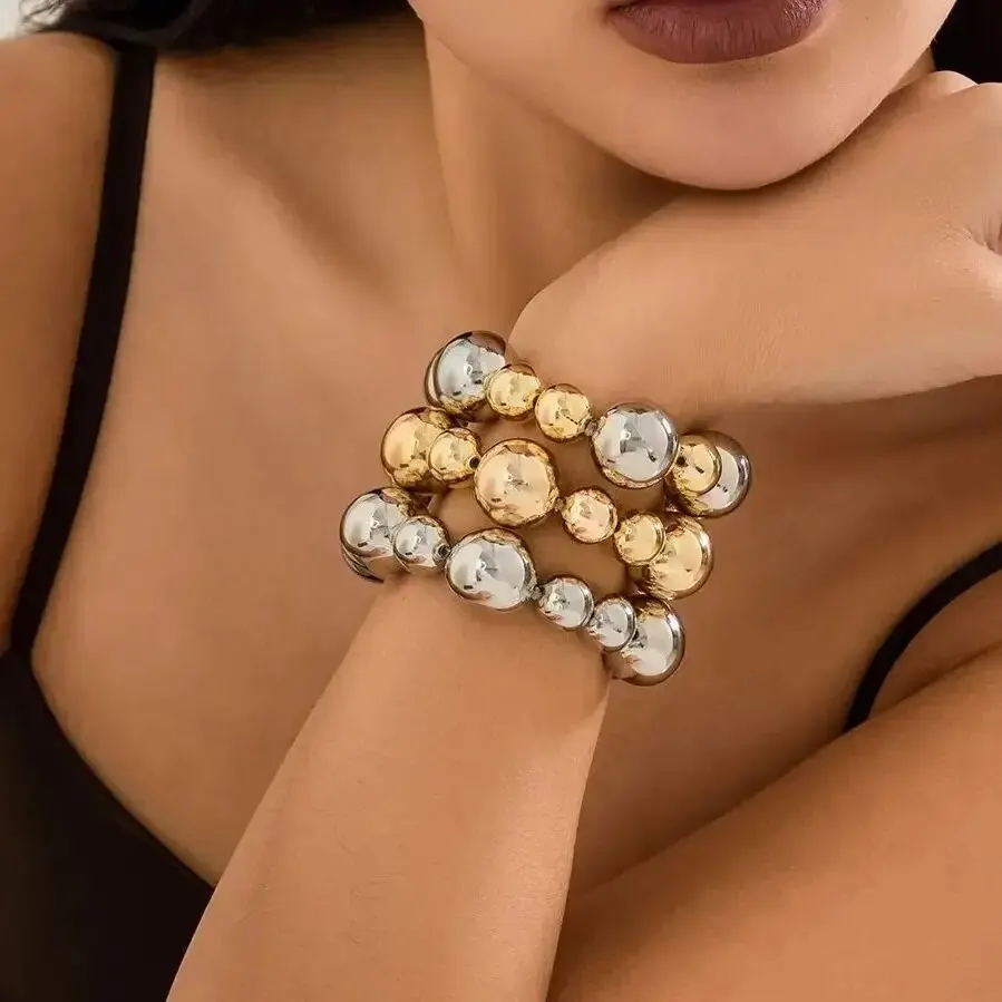 Punk Vintage Big Ball CCB Armbänder für Frauen Übertrieben Gold Farbe Runde Perlen Elastische Armreifen Steampunk Hand Schmuck Geschenke