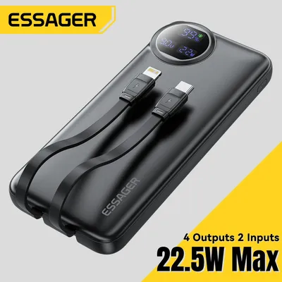 Essager 22,5 W Power Bank 20000 mAh mit zwei integrierten Kabeln, tragbares Ladegerät für iPhone 17 16 15 Pro, Laden Sie 4 Geräte sofort ﻿
