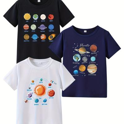 TEMU 3pcs - Casual Comfy Boys' Summer Top - Letters & Combination Print Short Sleeve Crew Neck T-shirt Holiday Gift Image