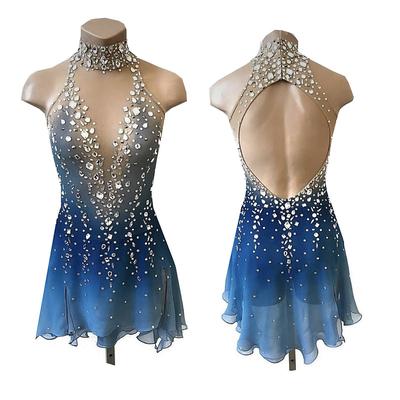 Figure Skating Dress Women's Girls' Ice Skating Dress Blue Thumbhole Halo Dyeing High Elasticity Professional Competition Skating Wear Thermal Warm Crystal / Rhinestone Long Sleeve Ice Skating Figure