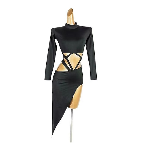 Tanz-Salsa-Latin-Tanzkleid, ausgehöhlt, reine Farbe, Spleißen, Damen-Performance, Party, Langarm, Polyester Image