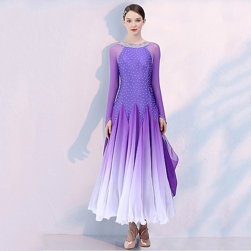 Gesellschaftstanz Wettkampfkleid Split Joint Kristalle / Strass Damen Training Performance Langarm Mesh Spandex Chiffon Image