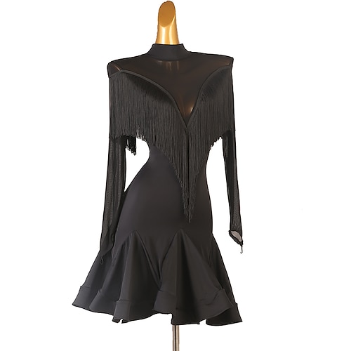 Latein-Tanzkleid mit Fransen und Quasten für Damen, Training, Performance, lange Ärmel, Chinlon-Mesh Image