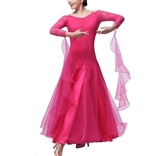 Ballsaal-Tanzkleid, Spitze, reine Farbe, Spleißen, Damen-Performance-Party, moderne Walzer-Tanzkostüme Image