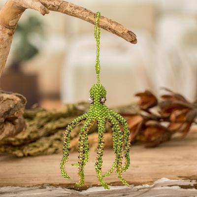 'Crystal and Glass Beaded Green-Hued Octopus-Themed Ornament'