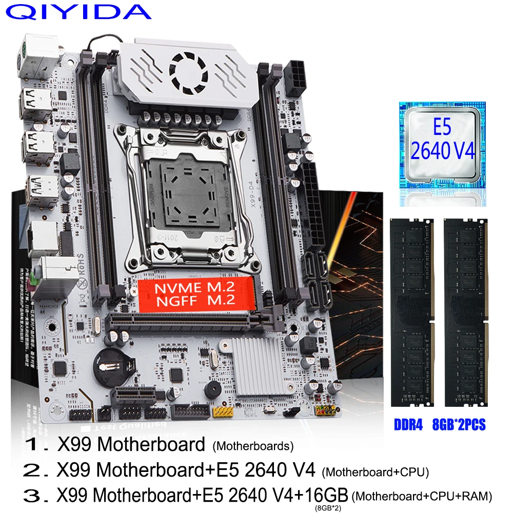 QIYIDA X99 Motherboard-Set LGA 2011-3 Kit Combo Xeon E5 2640 V4 CPU DDR4 8 GB x 2 Stück = 16 GB NVME NGFF M.2 SATA3.0 USB3.0 X99 C612chip Image