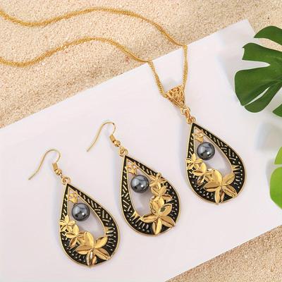 TEMU Hawaiian Style Black Enamel Teardrop Bead Necklace And Earring Jewelry Set, Vacation-themed Floral Drop Accessories For Women