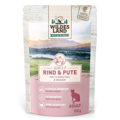 24x100g Wildes Land Cat Rind, Pute mit Cranberries Katzenfutter nass