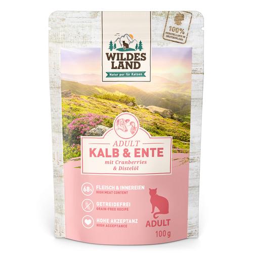 12x100g Wildes Land Cat Kalb, Ente mit Cranberries Katzenfutter nass