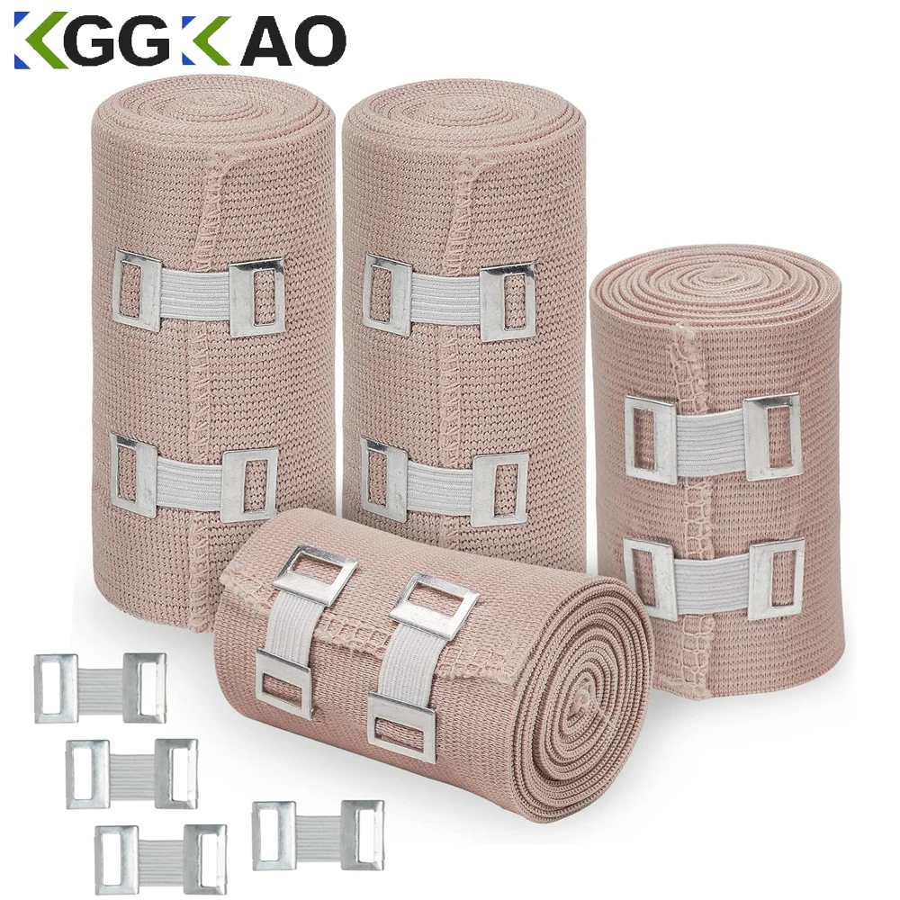 Elastischer Verband wickel, 4er Pack Premium-Kompression bandagen rollen 10 zusätzliche Clips,2 Rollen jeder Größe (4 Zoll & 3 Zoll x 5 Fuß) Image
