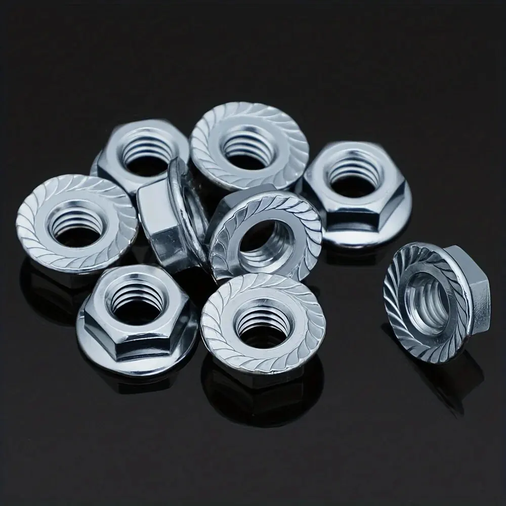 Metrische Sechskant-Sicherungsmuttern mit gezahntem Flansch, verzinkte Hardware-Muttern, helle Oberfläche, Vollgewinde, Sechskant-Flanschmutter M4-M12 Image