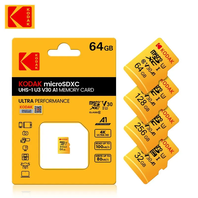 Kodak Micro SD-Karte 256 GB 128 GB 64 GB 32 GB Klasse 10 U3 V30 Hochgeschwindigkeits-Speicherkarte für Telefon, Tablet, Kamera Image