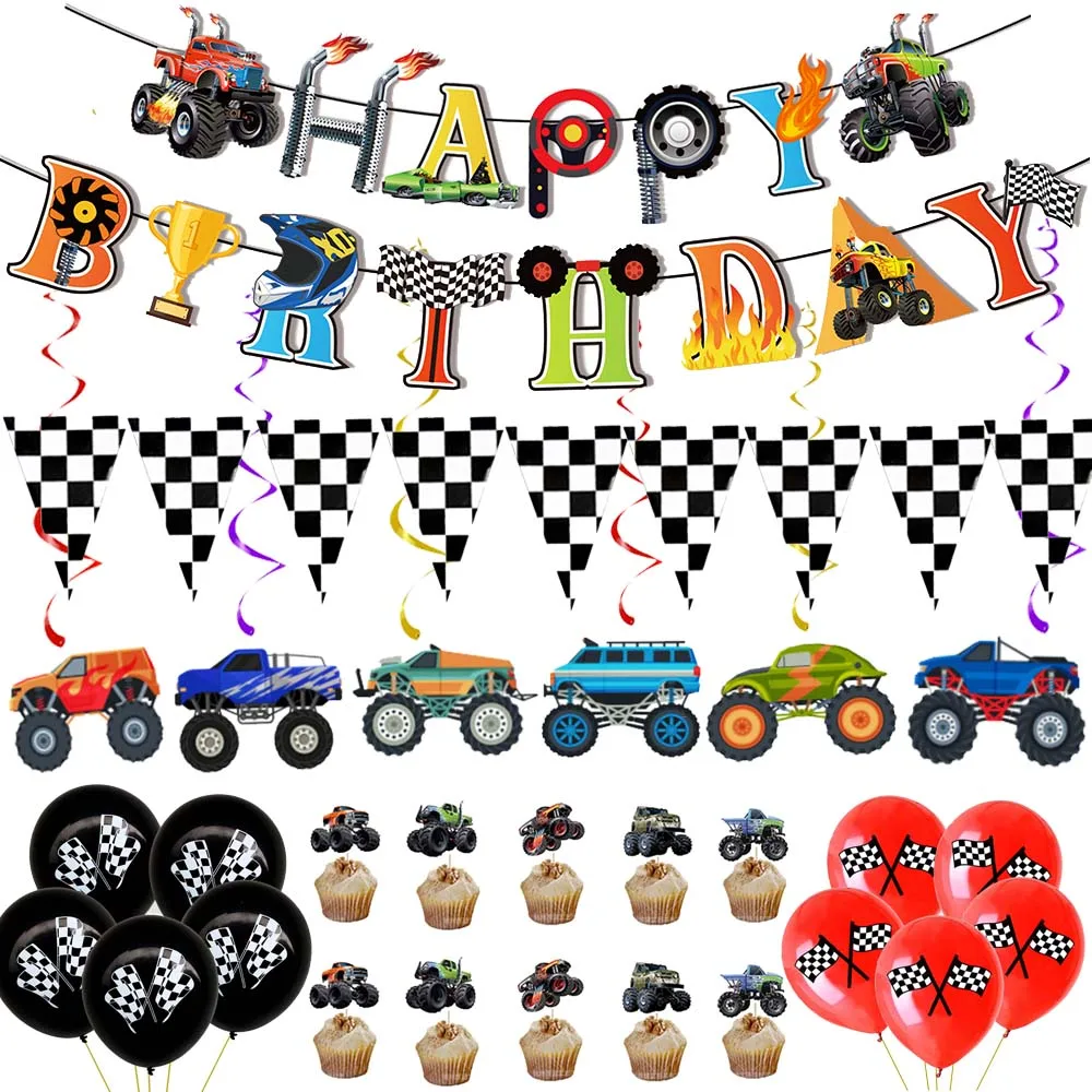 LKW-Geburtstagsparty-Zubehör, alles Gute zum Geburtstag, Banner, Monster-LKW-Banner, Wimpelkette, Flaggen, hängende Wirbel, Luftballons, Cupcake-Topper Image