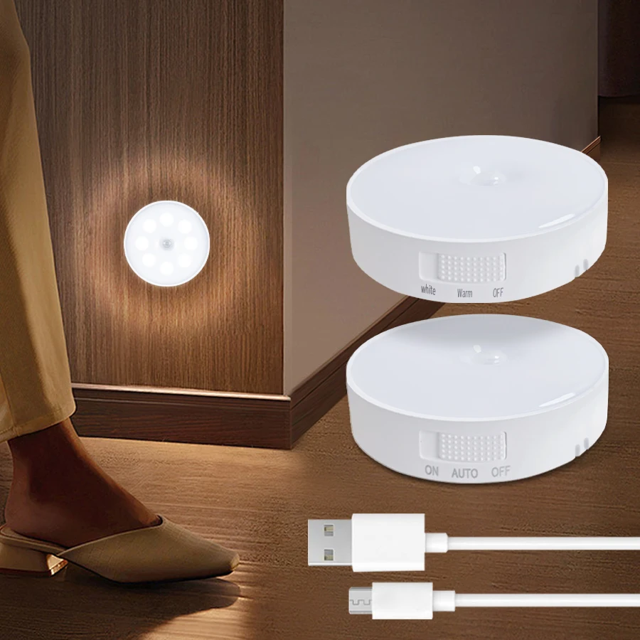 Sensore di movimento PIR Luce notturna a LED USB ricaricabile Lampada da notte per camera da letto Armadio da cucina Lampada per guardaroba Scale Luci per armadio per corridoio