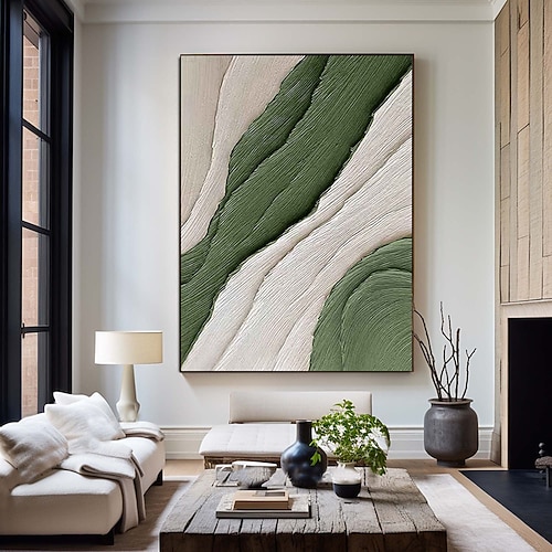 grün-weißes schlichtes Ölgemälde handgemachte Wandkunst zeitgenössische Malerei Wanddekoration 3D-Kunst grün-weißes Gemälde für Wohnzimmer sehr schlichtes Gemälde Image