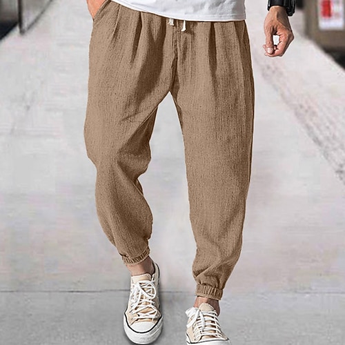 Herren Jogginghose Leinenhosen Hose Sommerhose Kordelzug Elastischer Bund Einfach Komfort Weich Täglich Strand Mode Streetwear Cachi scuro Schwarz Mikroelastisch Image