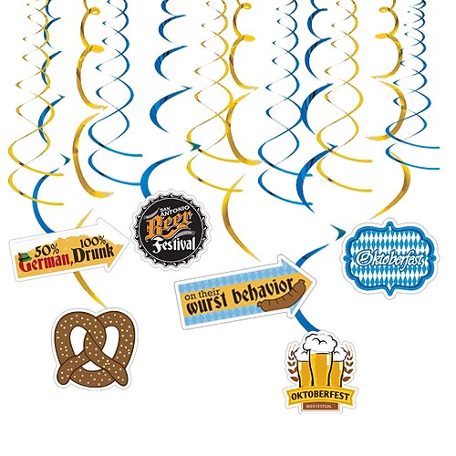 deutsches oktoberfest themenparty set blau-weiß kariert pull flag kuchen latex ballon partydeko Image