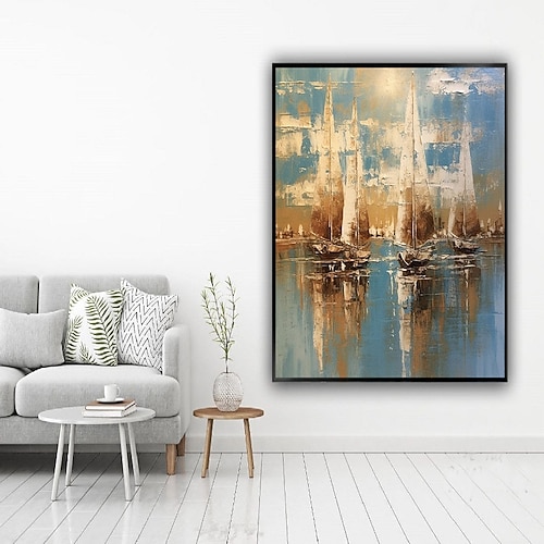 Boot Sonnenuntergang abstrakte Gemälde handgefertigte Leinwand Kunst Boot Gemälde 100 % handgemachte strukturierte Meer Malerei Acryl abstrakte Ölgemälde Wand Dekor Gemälde für Wohnzimmer Büro