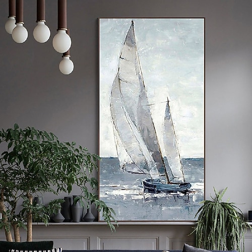 Ölgemälde handgefertigte abstrakte Segelboot-Kunst auf Leinwand, handgefertigtes nautisches Ölgemälde auf Leinwand, große Segelschiff-Gemälde, Wandkunst, modernes Seestück-Gemälde für Schlafzimmer, Image