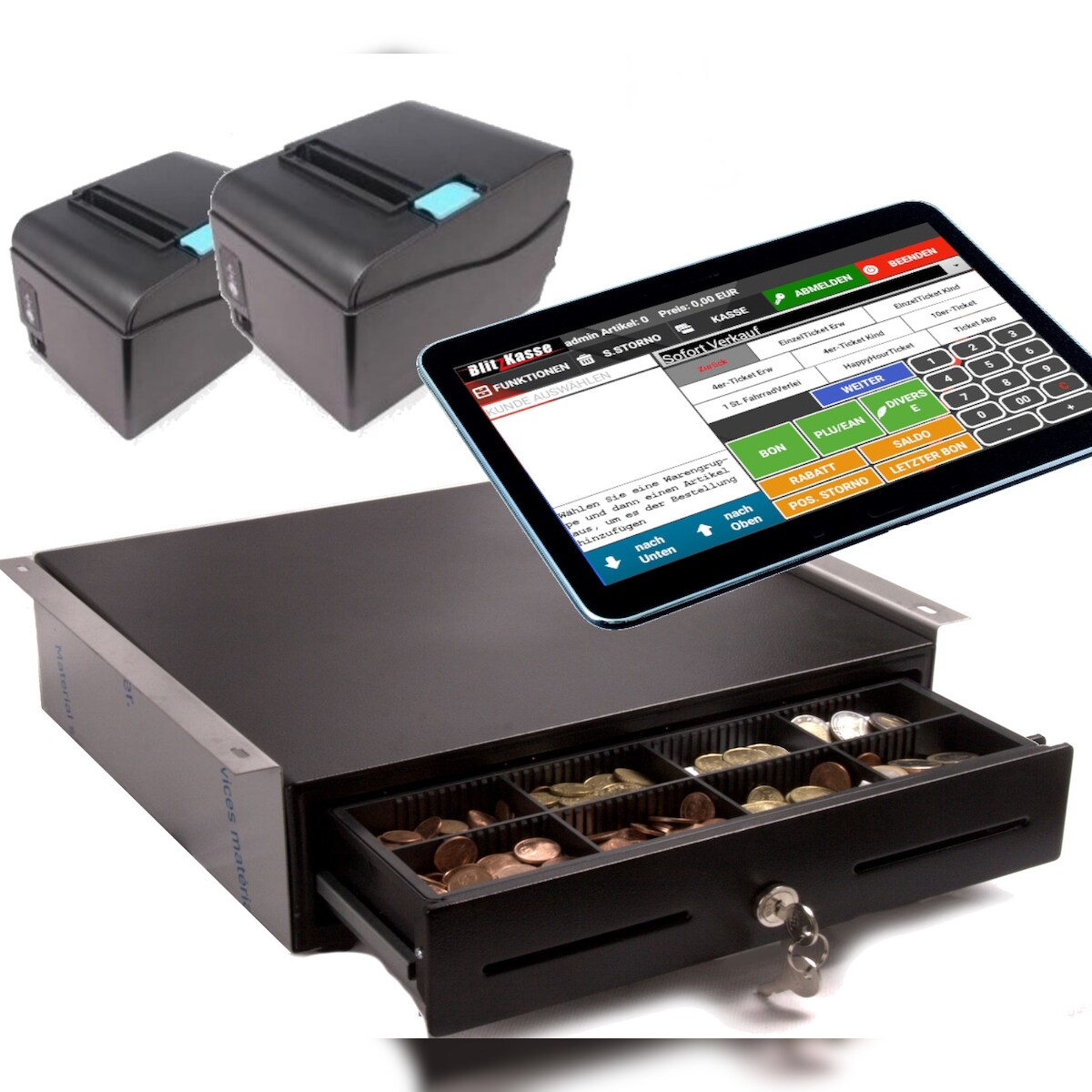Blitzkasse 10" Mobile Kasse für Restaurant, Cafe, Biergarten: 10' Terminal + 2xBondrucker + Kassenschublade Image