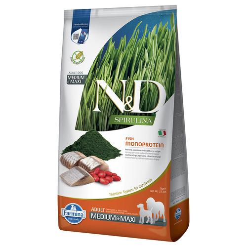 Sparpaket: 2x7kg N&D Dog Spirulina Adult Medium/Maxi mit Hering Hundefutter trocken