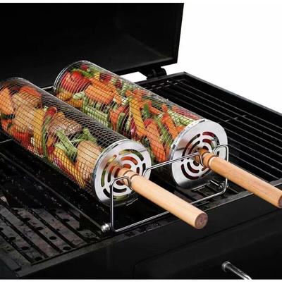 Coocheer - 2er-Pack Edelstahl-Grillkorb mit abnehmbaren Holzgriffen, rollender Grillkorb mit Image
