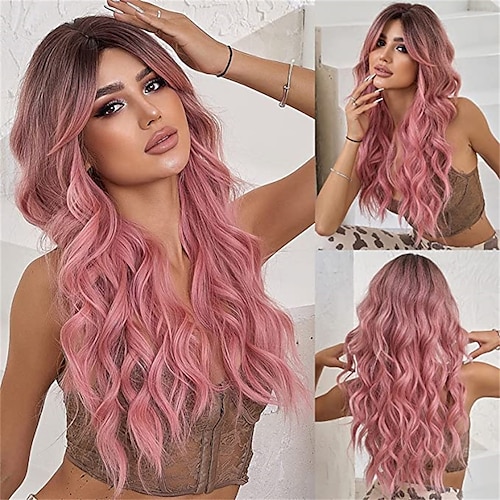 Barbiecore-Filmperücken, lange blonde Perücken mit Pony für Frauen, synthetische Perücke mit gewelltem Haar und dunklen Wurzeln Image