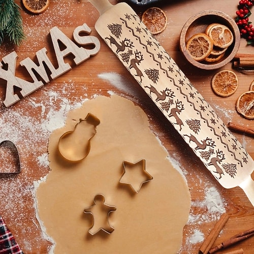 Weihnachts-Nudelholz, Krippenprägemuster, Weihnachts-Holzkrippe mit 3D-Gravur und Jesusmotiv zum Plätzchenbacken Image
