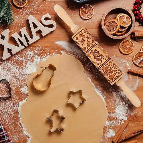 Weihnachts-Nudelholz, Krippenprägemuster, Weihnachts-Holzkrippe mit 3D-Gravur und Jesusmotiv zum Plätzchenbacken Image