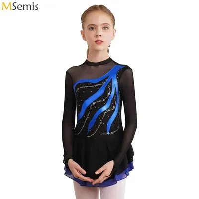 Figure Ice Skating Dress Kids Girls Long Sleeve Rhinestone Ballet Tutu Dance Dresses Gymnastics