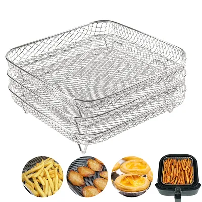 3Layer Air Fryer Racks Stainless Steel Square Air Fryer Basket Tray Stackable Dehydrator Racks Air