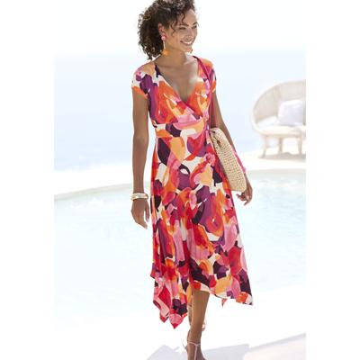 Midikleid VIVANCE, Damen, Gr. 44, N-Gr, bunt (rot, lila, pink bedruckt), Jersey, Obermaterial: 95% Viskose, 5% Elasthan, bedruckt, modisch, figurumspielend kniebedeckend, V-Ausschnitt, Kurzarm, Kleider, mit Alloverdruck, luftiges Sommerkleid in... Image