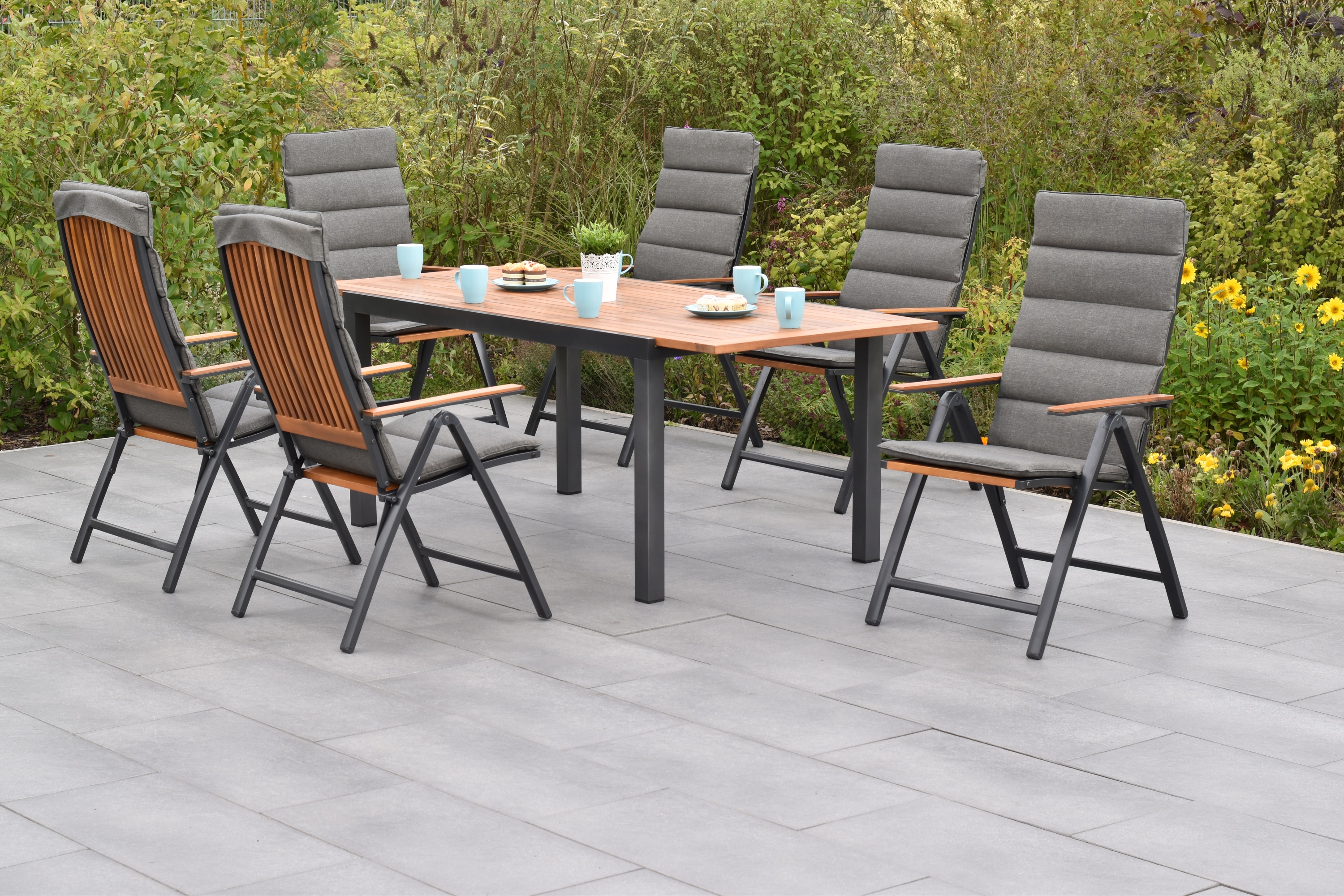 Garten-Essgruppe MERXX "»Athos«", beige (natur, natur, graphit), Aluminium, Massivholz, Sitzmöbel-Sets, Ausziehtisch: LxB: 150-200 x 90 cm