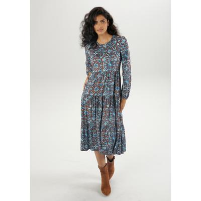 Jerseykleid ANISTON CASUAL, Damen, Gr. 36, N-Gr, blau (braun, blau, hellblau, weiß), Single Jersey, Obermaterial: 95% Viskose, 5% Elasthan, bedruckt, gemustert, geblümt, modisch, figurumspielend wadenlang, Rundhals, Langarm elastischer Bund mit... Image
