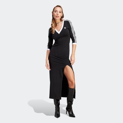 Maxikleid ADIDAS ORIGINALS "MAXI DRESS V", Damen, Gr. L, N-Gr, schwarz, Obermaterial: 93% Baumwolle, 7% Elasthan, gestreift, sportlich, Kleider Image