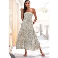Bandeaukleid LASCANA, Damen, Gr. 38, N-Gr, grün (khaki, beige bedruckt), Satin, Obermaterial: 100% Polyester, bedruckt, animal-print, modisch, figurumspielend knöchellang, ohne Ausschnitt, ohne Ärmel, Kleider, mit Animaldruck, schulterfreies...