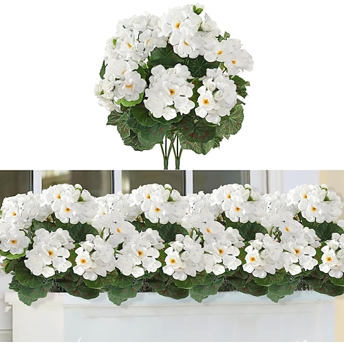 künstliche rote Geranien-Seidenblumen, Pflanzenbusch für draußen, 2 Bündel, Kunstblumen, Geranien für draußen, florale Heimdekoration, Innengarten, Terrassenvase, Grab, Friedhof, Tischdekoration Image