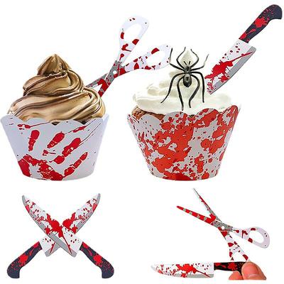 Halloween Cupcake Toppers Wrappers Horror Cake Decoration With Bloody Knife Scissors Pattern