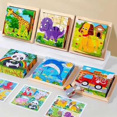 Baby Holz Blöcke Spielzeug Baby Cartoon Tier Tangram Kinder Sechs Seite Cube Puzzles Spiel Image