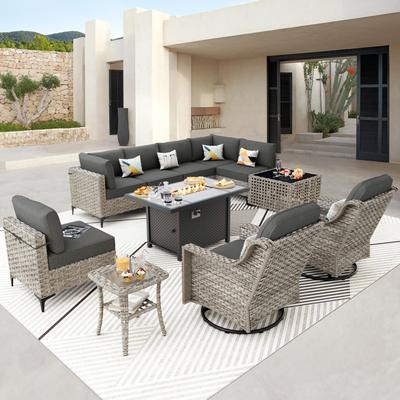 OVIOS 11 Pieces Outdoor Wicker Swivel Chair Set With Solar-Powered Coffee Table&Fire Pit
