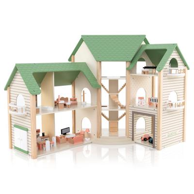 Costway Wooden Corner Dollhouse Playset with 6 Rooms and 36 Pieces for Kids 3+ Years Old-Green