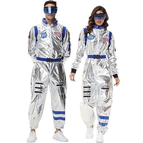 Astronautenkostüm für Paare, Overall, Halloween-Gruppenkostüm für Paare, silberner Raumanzug für Männer und Frauen mit gestickten Aufnähern