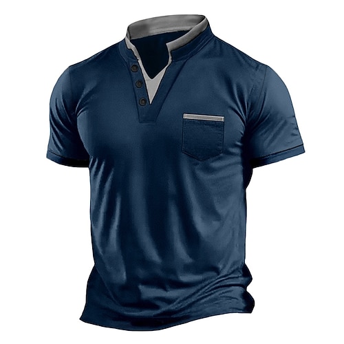 Herren V-Ausschnitt T-Shirt Kurzarmshirt T-Shirt Kurzarm V Ausschnitt Sommer Patchwork Täglich Streetstyle Knöpfe Outdoor Straße Lässig Drak Grau Schwarz Weiß Top T-Shirt für Herren Image