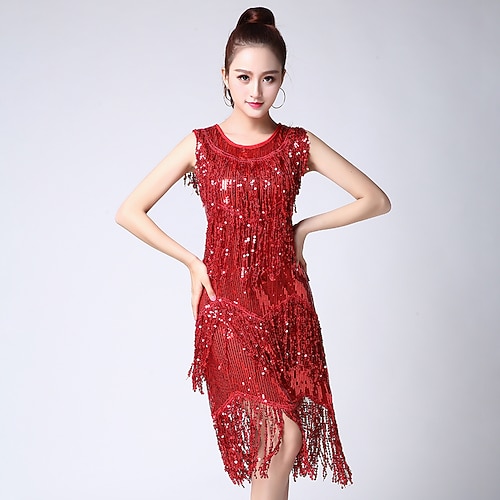 Lateinischer Tanz, Tanzkostüme, Kleid mit Fransen, Quasten, Rüschen, reine Farbe, Damen-Performance-Partykleid, Training, ärmellos, hoher Polyesteranteil Image