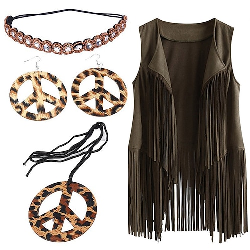 Hippie Retro Vintage 1960er 1970er Zubehörset Wildlederweste Damen Quaste Kostüm Jahrgang Cosplay Weste Schlager Outfit Image