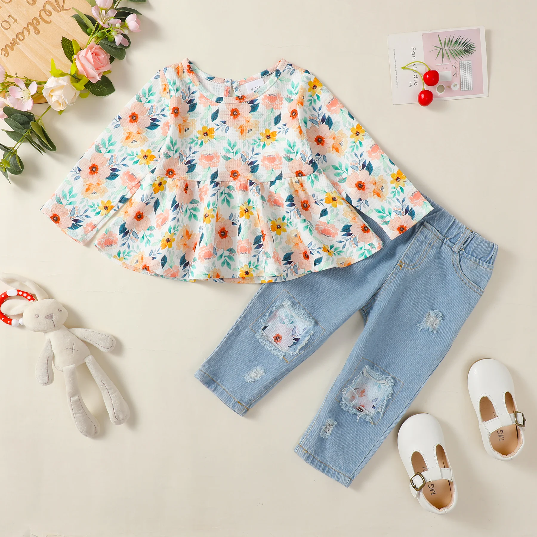1-4 Jahre Kleinkind Mädchen Mode 2 Stück Kleidung Set Langarm Blumen bluse zerrissene Löcher Jeans Frühling & Herbst alle Match Anzug Image