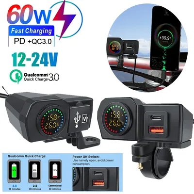 60W Motorrad QC3.0 PD Ladegerät Buchse USB Typ-C Schnelle Lade Motorrad Ladegerät Stecker Voltmeter Image
