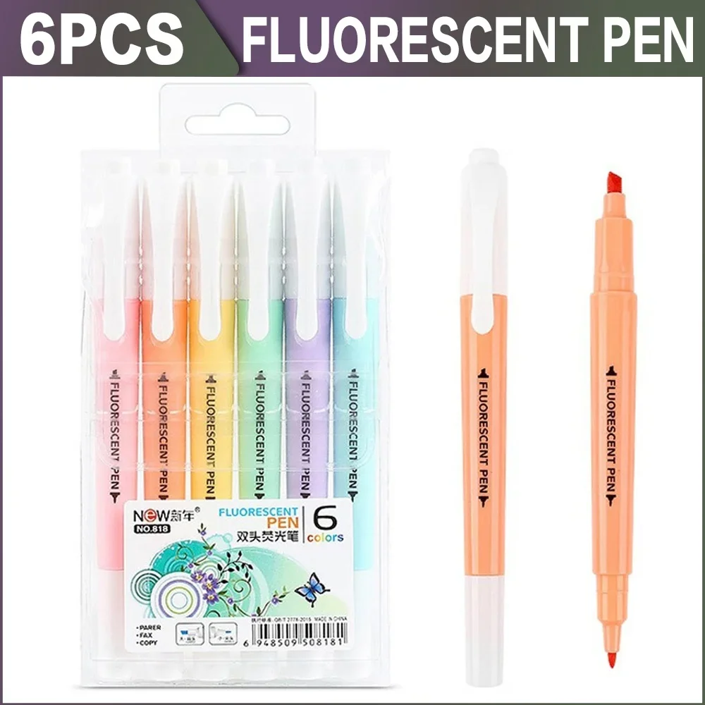 6PCS Nette Candy Farbe Highlighter Stift Schreibwaren Doppel Headed Fluoreszierende Marker Stift Mark Stift Büro Schule Liefert Image
