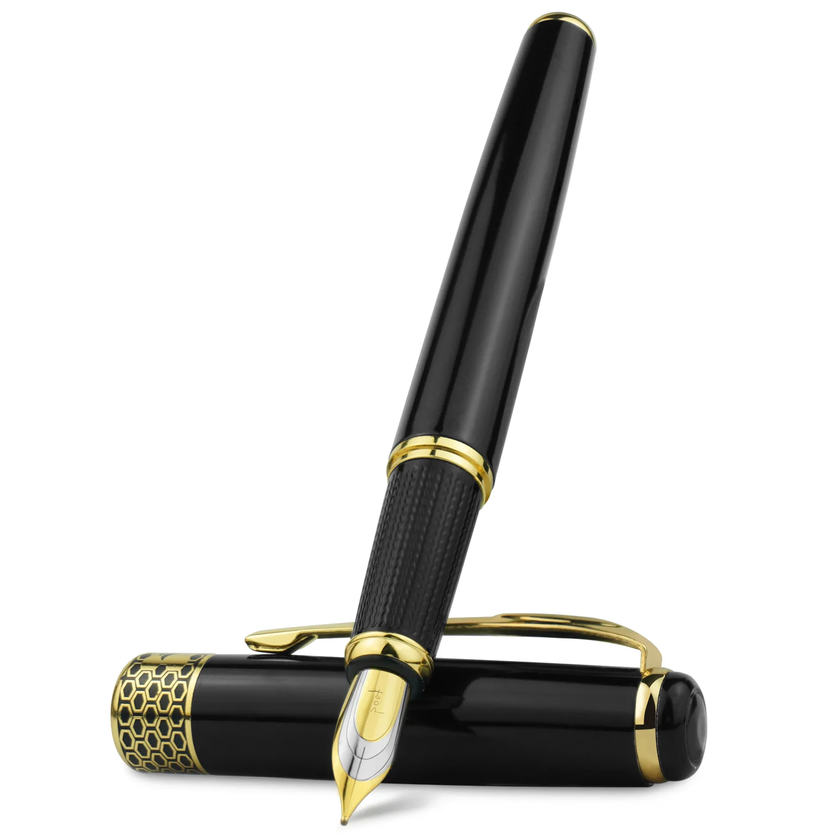 STONEGO Hochwertiger Business-Füllfederhalter aus schwarzem Lack und silber-/vergoldeter Clip und ohne Zierleiste, Büro-Medium, 0,5-mm-Spitze Image