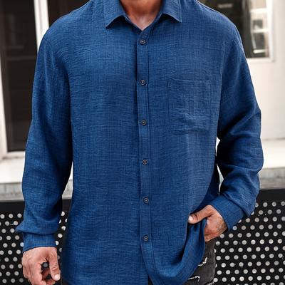 TEMU Men's Plus-size Casual Long-sleeve Shirt, 100% Polyester, Solid Color, Lapel Collar, Regular Fit, Button Detail, Woven Fabric, Non-stretch, 130g/m² - Ideal For Spring/fall Season, Plus Size Image